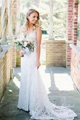 Ivory Lace Mermaid Backless V-neck Beach Wedding Dresses, Bridal Gown